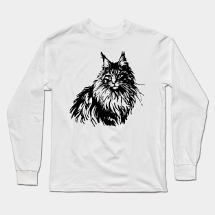 Stick figure of Maine Coon cat in black ink Long Sleeve T-Shirt